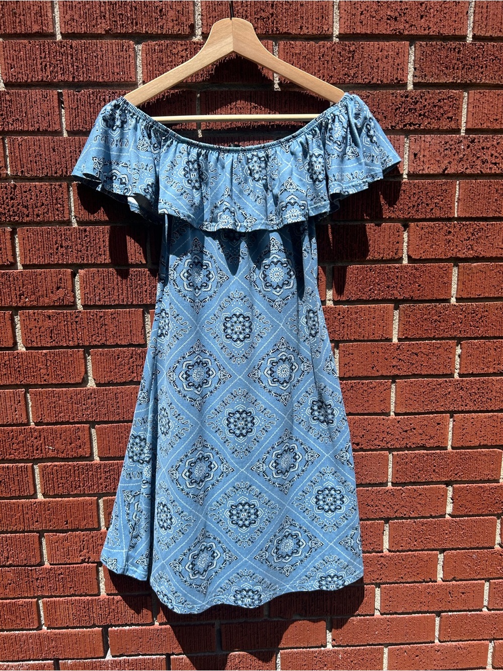 Rebel Sugar Blue Bandana Print Off-Shoulder Dress – Cottage / Beachy Boho Small